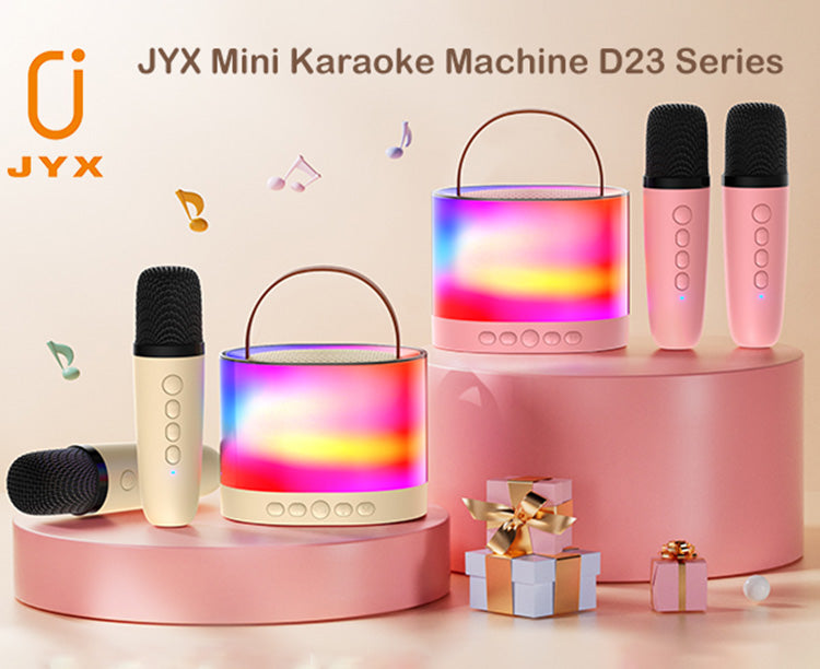 JYX D23 Mini Karaoke for kids with wireless microphones, featuring atmosphere light, Bluetooth 5.0, and portable KTV functionality.