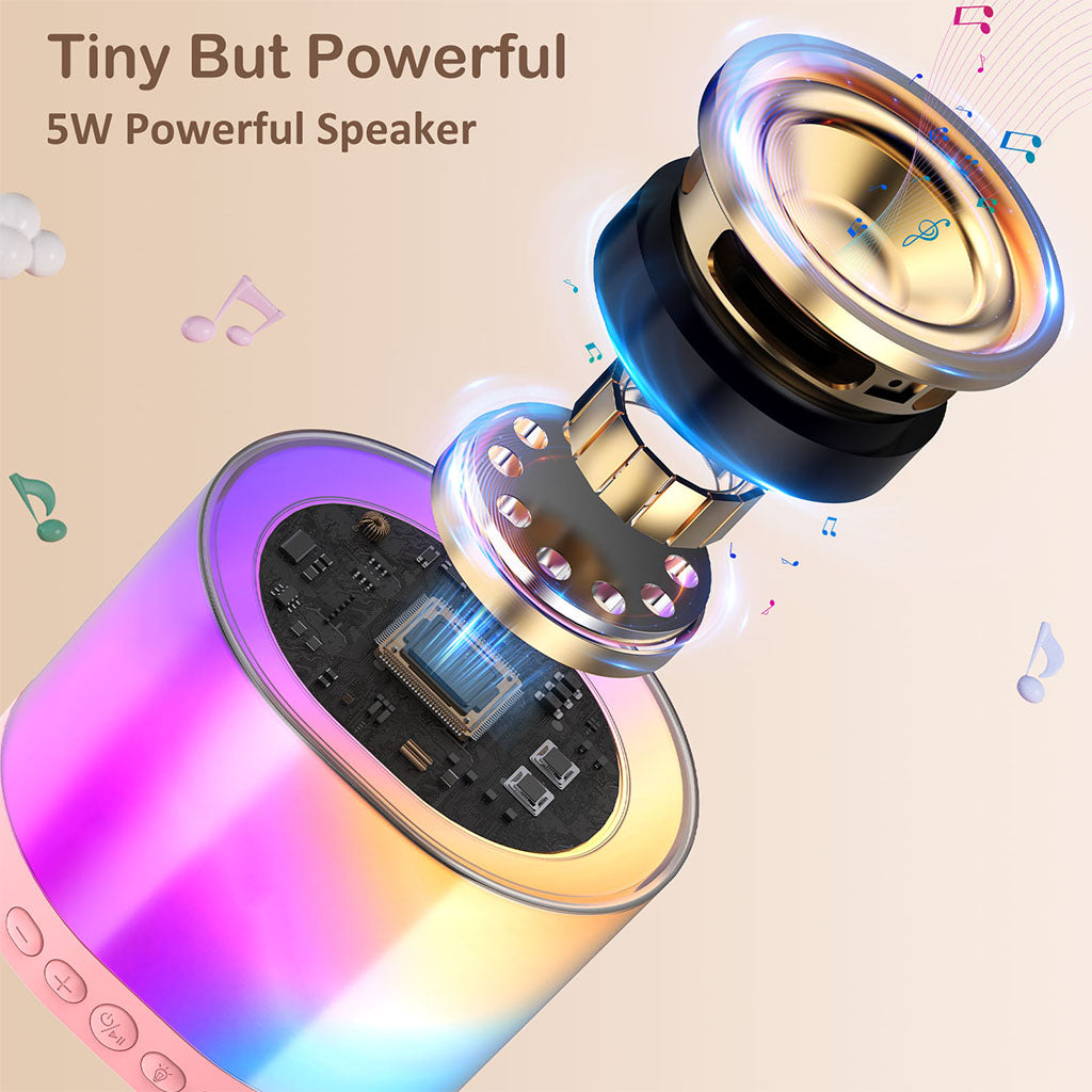 JYX D23 Mini Karaoke Machine for kids with wireless microphones, featuring a tiny but powerful 5W speaker, showing internal speaker details.