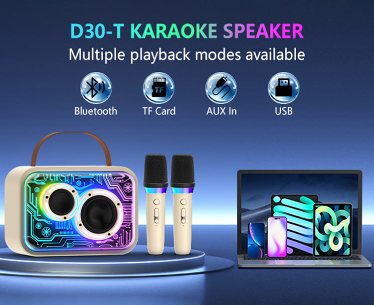 JYX D30 Karaoke Machine with Bluetooth, TF Card, AUX In, and USB playback modes.