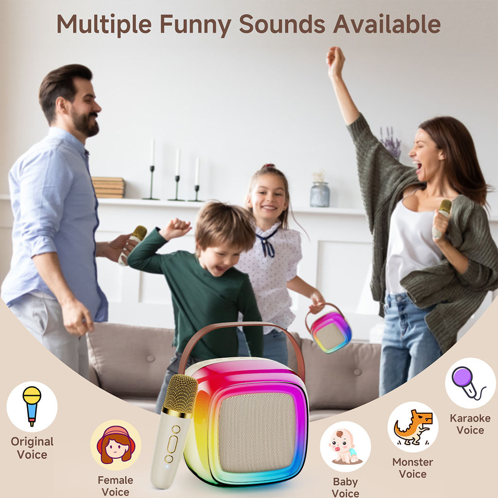 JYX D32 karaoke machine for kids with multiple funny sound effects: original voice, female voice, baby voice, monster voice, and karaoke voice.