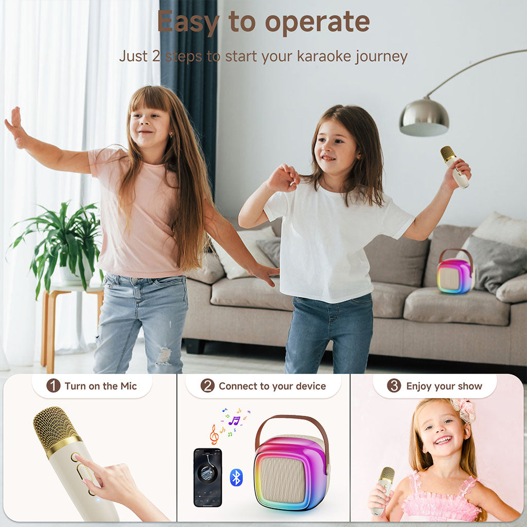 JYX D32 kids karaoke machine, simple operation with just 2 steps—turn on the mic and connect to your device for an instant karaoke experience.