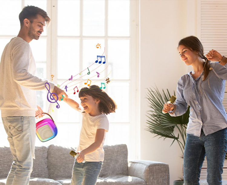 Share happy music time with family using the JYX D32 mini karaoke machine for kids.