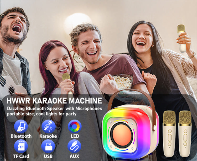 The JYX D37 by HWWR is a portable karaoke machine with a dazzling Bluetooth speaker, microphones, party - ready lights, and connections like Bluetooth, TF card, USB, and AUX.