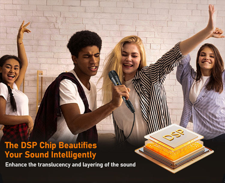 The JYX D50 karaoke with a wired mic has a DSP chip that intelligently beautifies sound, enhancing its translucency and layering.