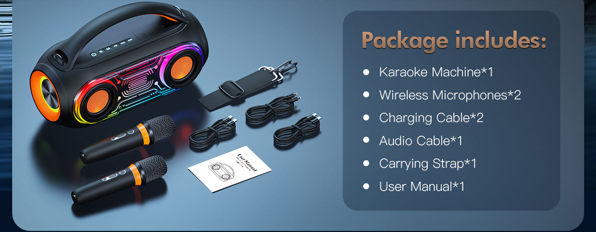 The JYX D51 portable outdoor Bluetooth speaker with 2 mics comes with 1 karaoke machine, 2 mics, 2 charging cables, 1 audio cable, 1 carrying strap, and 1 user manual.