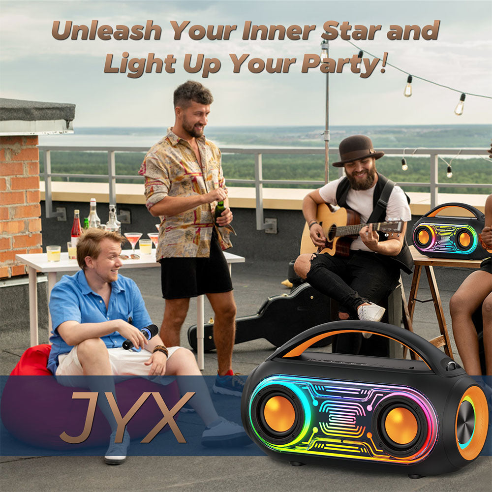 This JYX D51 outdoor portable Bluetooth speaker with 2 wireless mics allows you to show off your inner star quality and brighten up your party. It's a great device for outdoor entertainment.