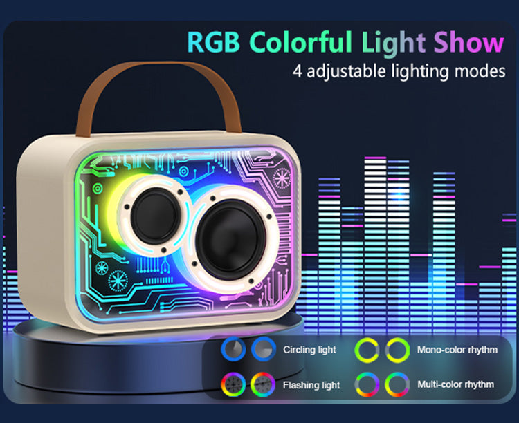 JYX D30 Karaoke Machine with RGB light show and 4 adjustable lighting modes.