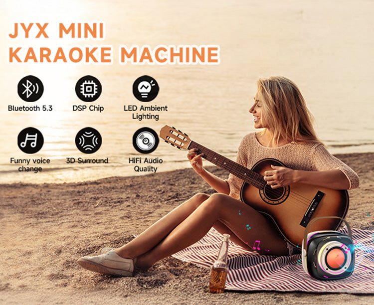 JYX D39 mini karaoke machine with Bluetooth 5.3, DSP chip, LED lighting, funny voice change, 3D surround, and HiFi audio quality.