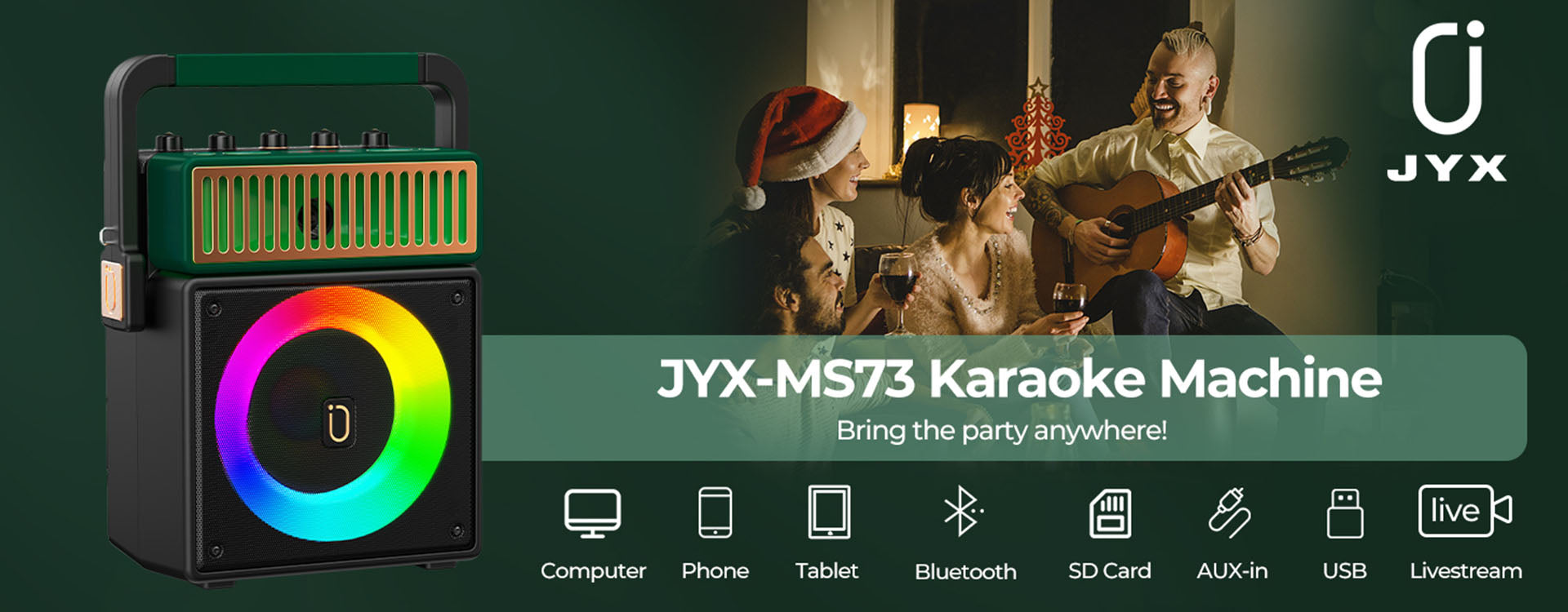 JYX MS73 Karaoke Machine with disco light, connect via computer, phone, tablet, Bluetooth, SD card, AUX-in, USB, or live stream for instant fun anywhere.