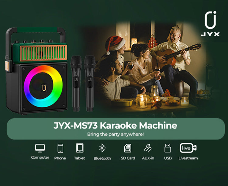 JYX MS73 Karaoke Machine with disco light, connect via computer, phone, tablet, Bluetooth, SD card, AUX-in, USB, or live stream for instant fun anywhere.