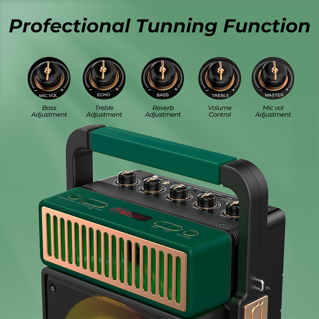 JYX MS73 Singing Machine with professional tuning functions, including mic volume, bass, treble, echo, and reverb adjustments.