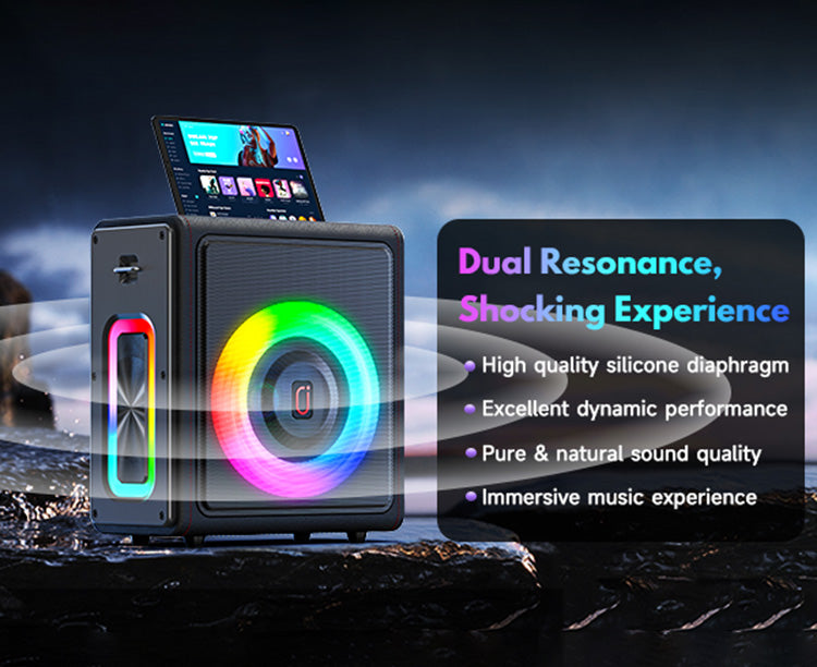 JYX MS75 karaoke speaker with dual resonance and silicone diaphragm for immersive, high-quality sound experience.