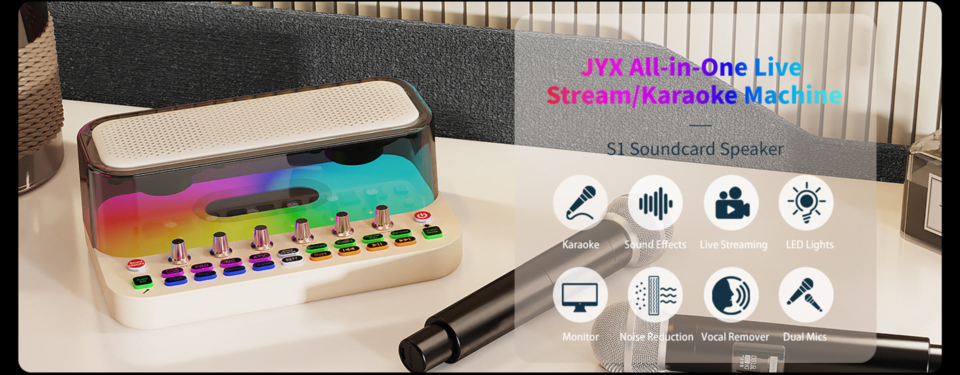 JYX S1 karaoke machine with wireless speaker, LED lights, monitor, noise reduction, dual mics.