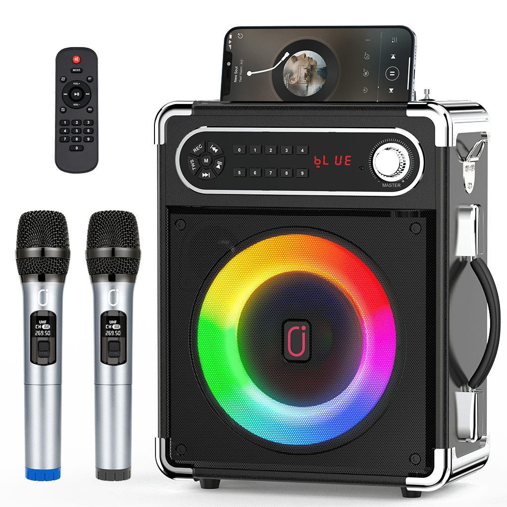 Black JYX S55 portable karaoke speaker with colorful RGB ring light, built-in phone stand, two wireless UHF microphones and remote control