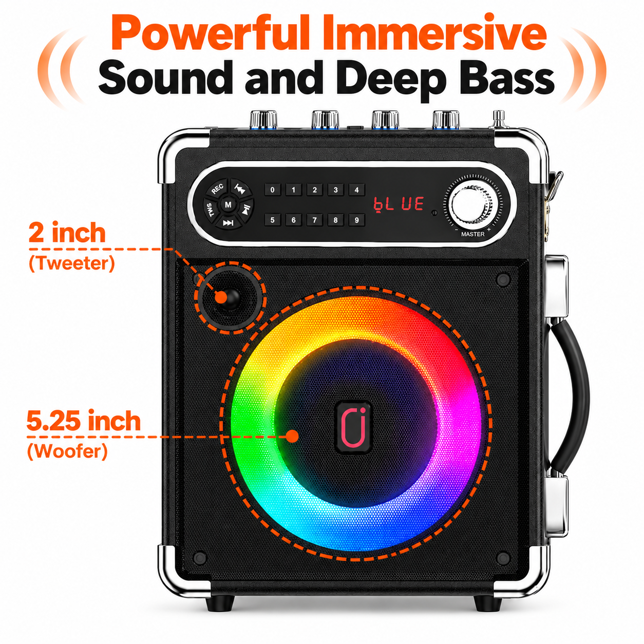 JYX S55 karaoke speaker diagram marked with 5.25 inch woofer and 2 inch tweeter, delivering powerful immersive sound and deep bass with RGB lighting