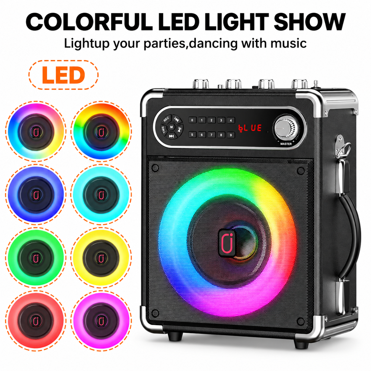 JYX S55 portable karaoke speaker with dynamic colorful RGB LED ring lights, multiple lighting modes to liven up parties and sync with music