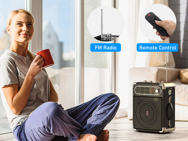 Woman relaxing at home with the JYX S55 karaoke speaker featuring built-in FM radio antenna and handy remote control