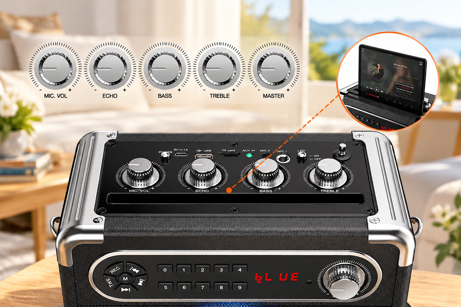 JYX S55 karaoke speaker showing adjustable audio control knobs and built-in holder for phone or tablet