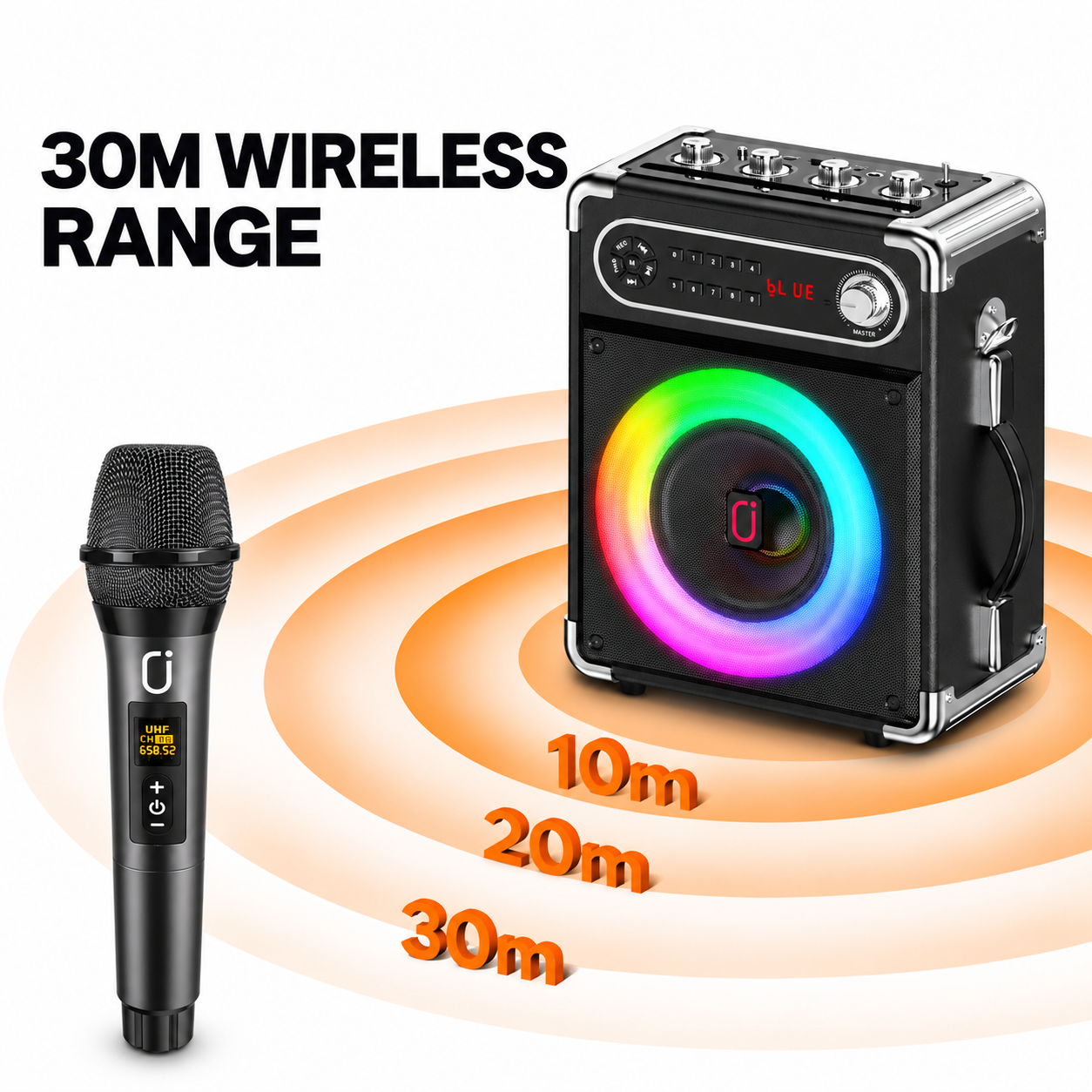 JYX S55 portable karaoke speaker with RGB light ring and UHF wireless microphone, illustrating stable 30 meters wireless transmission range