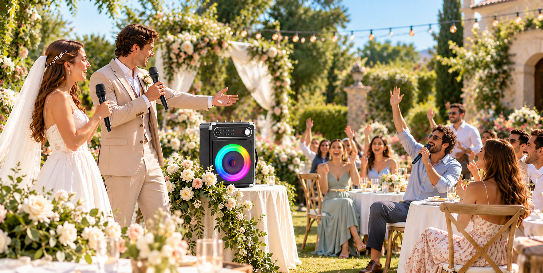 Newlyweds interact with guests at an outdoor wedding, singing with pre-paired UHF wireless mics and the JYX S55 karaoke speaker for reliable signal connection