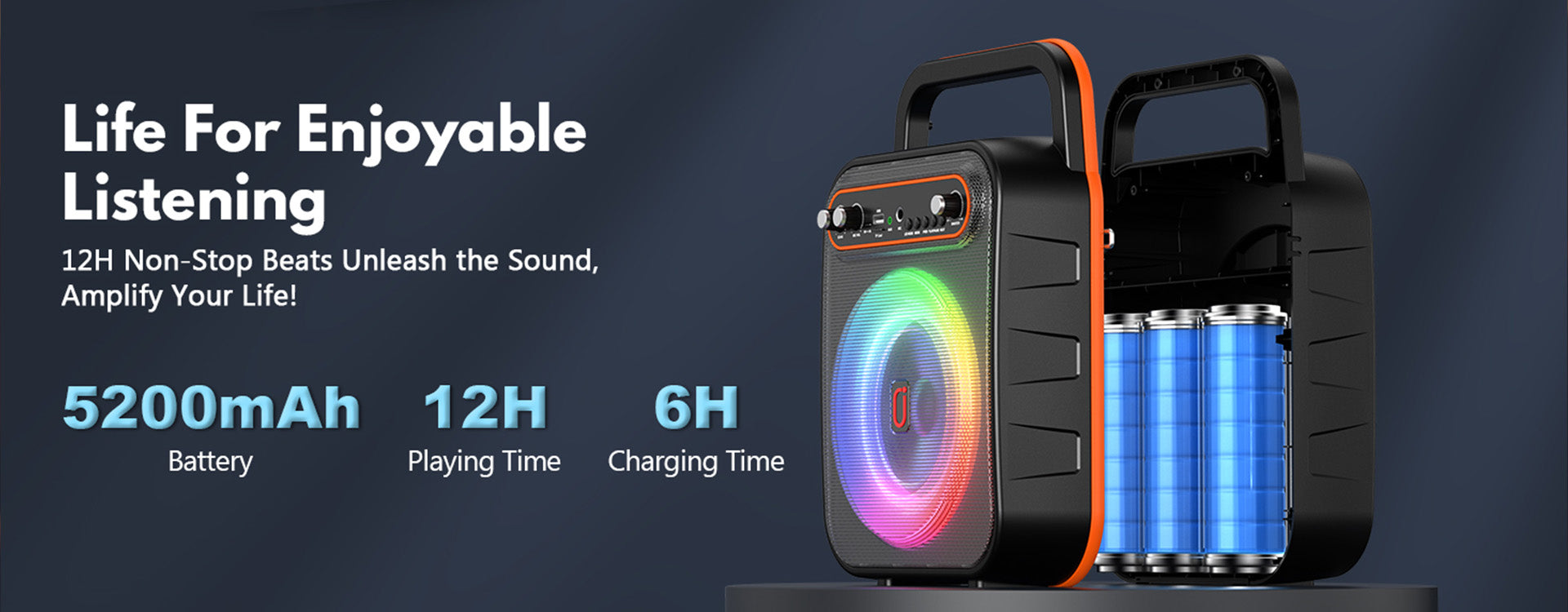 The JYX S67 karaoke with 2 mics has a 5200mAh battery, 12-hour playtime, 6-hour charge time for enjoyable listening.