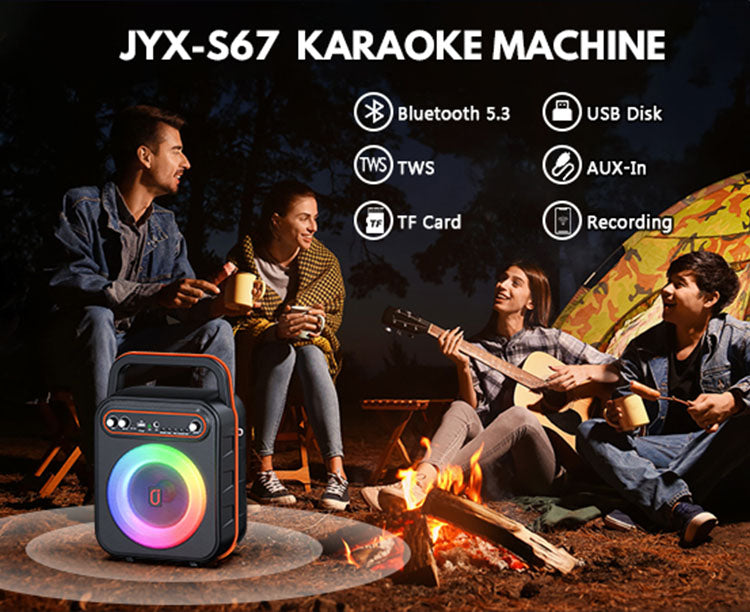 The JYX S67 karaoke machine has 2 wireless mics, Bluetooth 5.3, TWS, TF/USB/AUX inputs, and a recording feature.