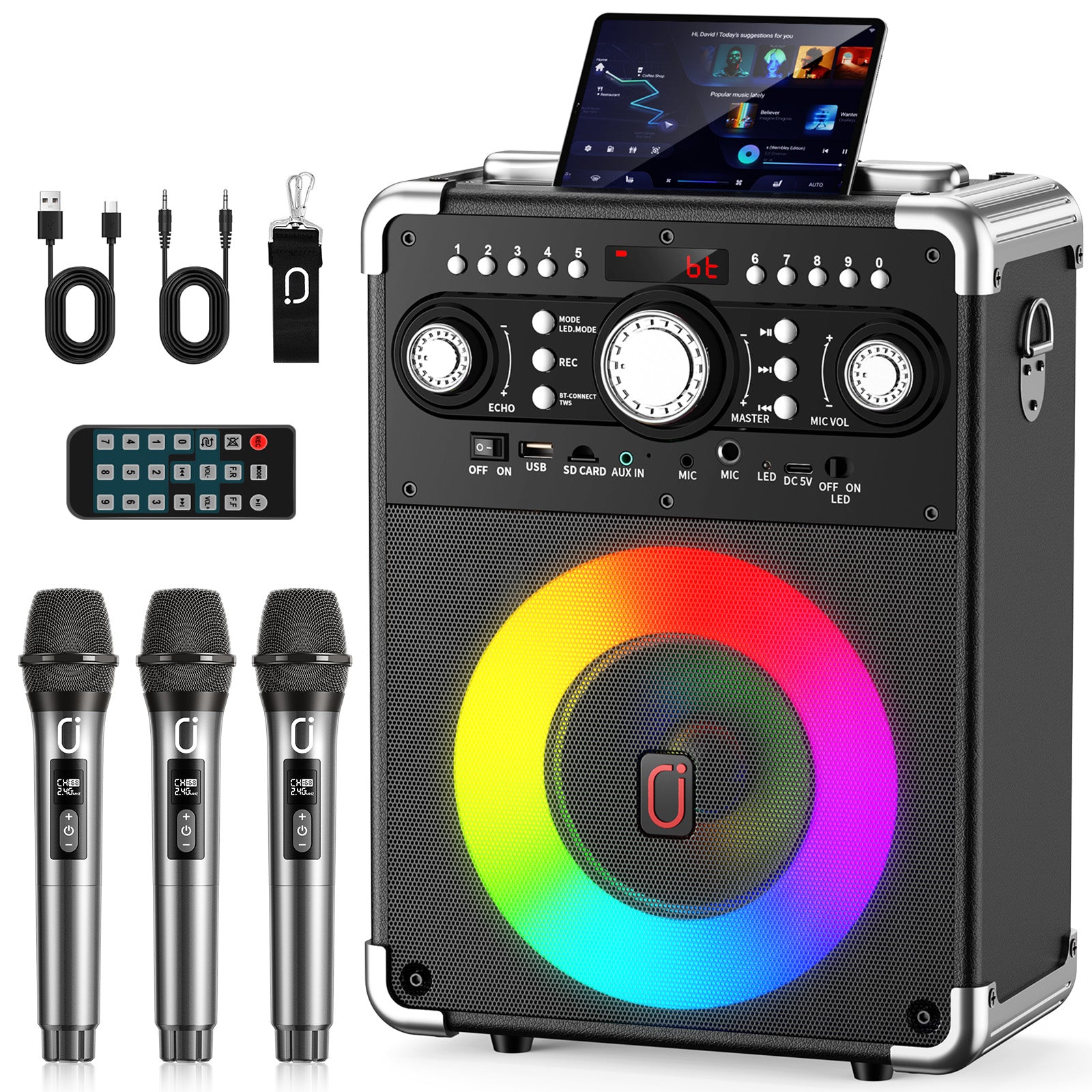 
JYX S8 portable karaoke speaker with a tablet holder, three wireless microphones, remote control, charging cables, and shoulder strap on a white background.