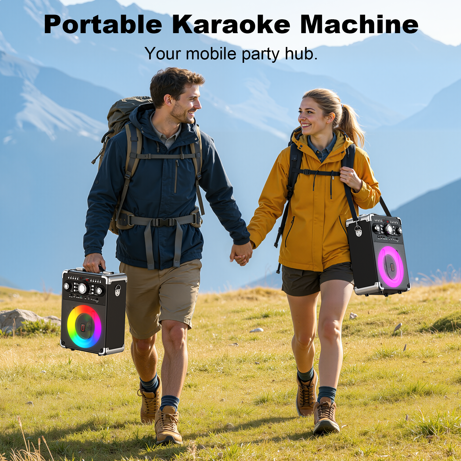 A couple hiking through a mountain landscape, carrying the JYX S8 portable karaoke speaker by its handle and detachable shoulder strap.