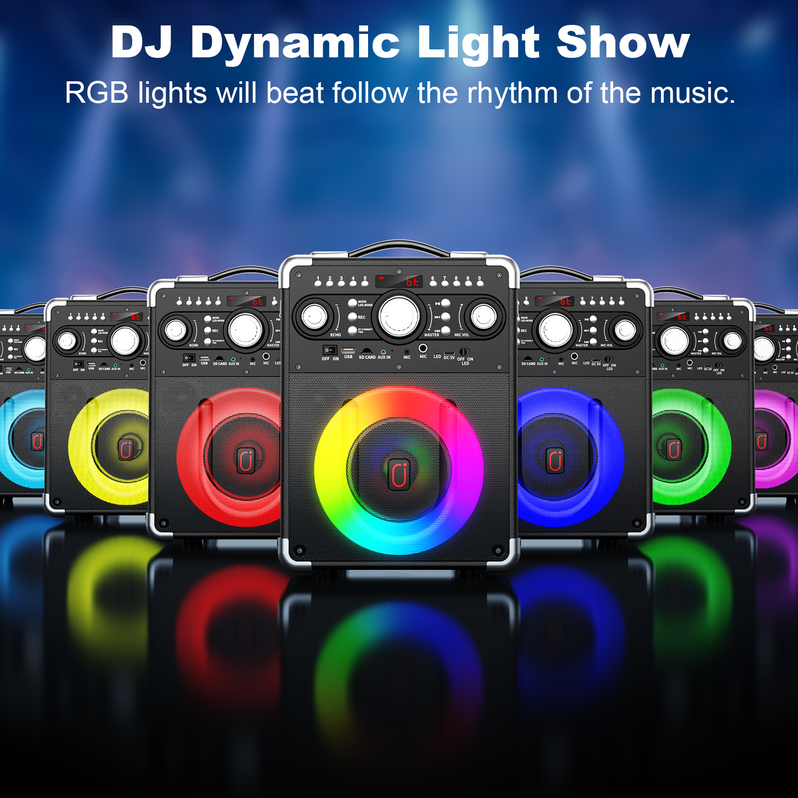 Multiple JYX S8 karaoke speakers displaying colorful RGB LED light rings that create a dynamic lighting effect for music and parties.