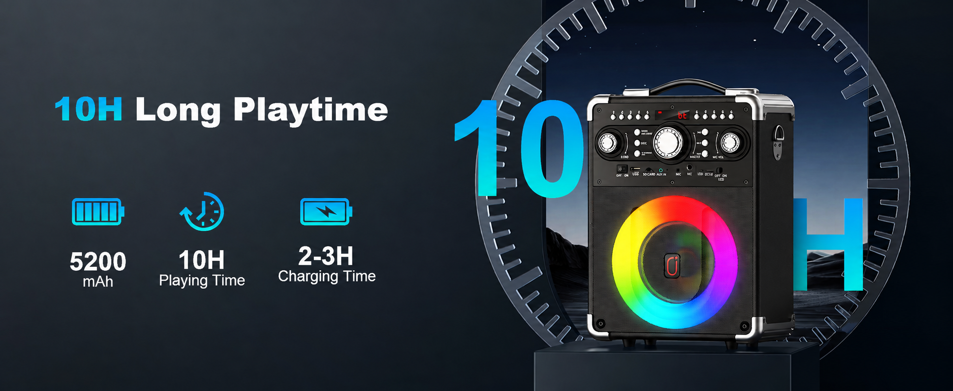 JYX S8 portable speaker with a 5200mAh battery, up to 10 hours of playback, and an estimated 2–3 hour charging time.