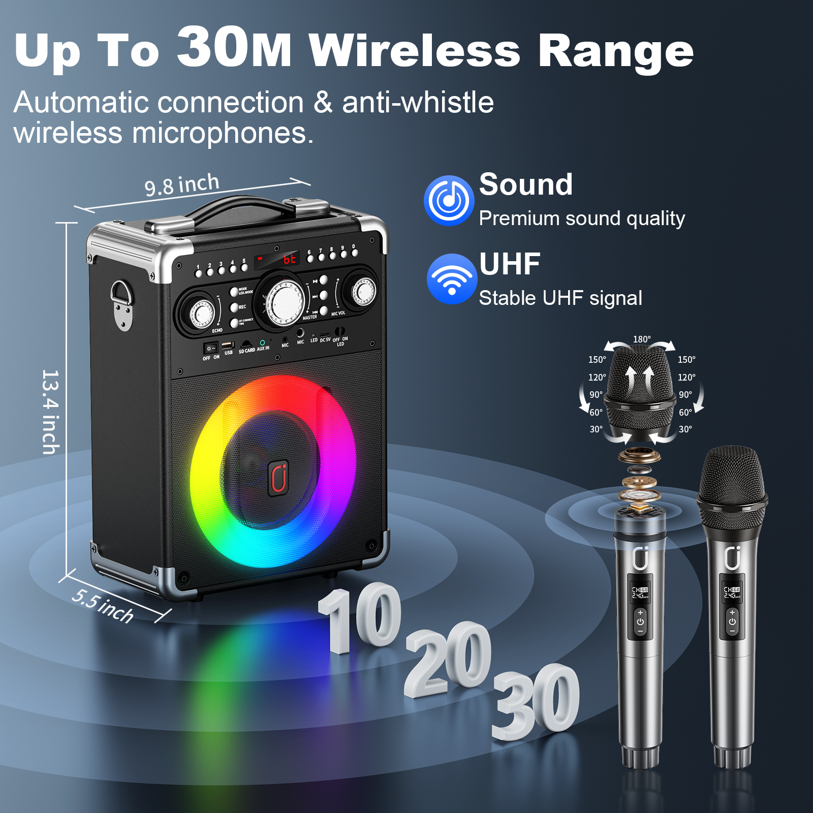 JYX S8 portable karaoke speaker with two wireless microphones, illustrating a wireless operating range of up to 30 meters and the speaker's compact dimensions.