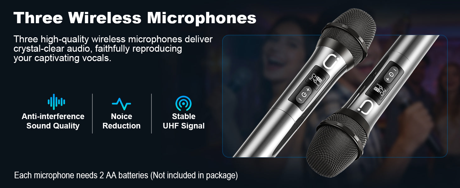 Close-up of JYX S8 wireless microphones featuring metal bodies, built-in control buttons, noise reduction, anti-interference performance, and stable UHF signal transmission.