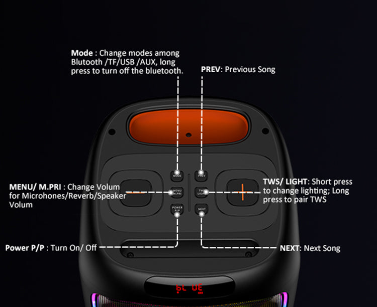 JYX T16T karaoke machine with Bluetooth and microphone, showing panel details.