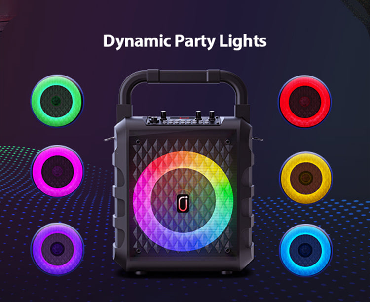 JYX T18T Home Karaoke Machine with 2 wireless microphones and 6 color lighting modes.