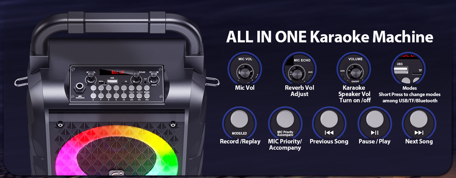 JYX T18T Home Karaoke Machine with 2 wireless microphones. All-in-one karaoke machine function panel.