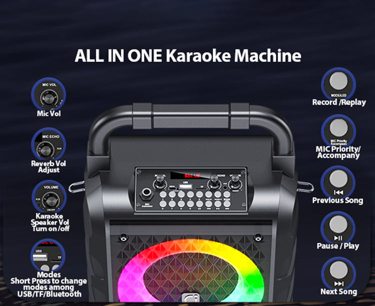JYX T18T Home Karaoke Machine with 2 wireless microphones. All-in-one karaoke machine function panel.