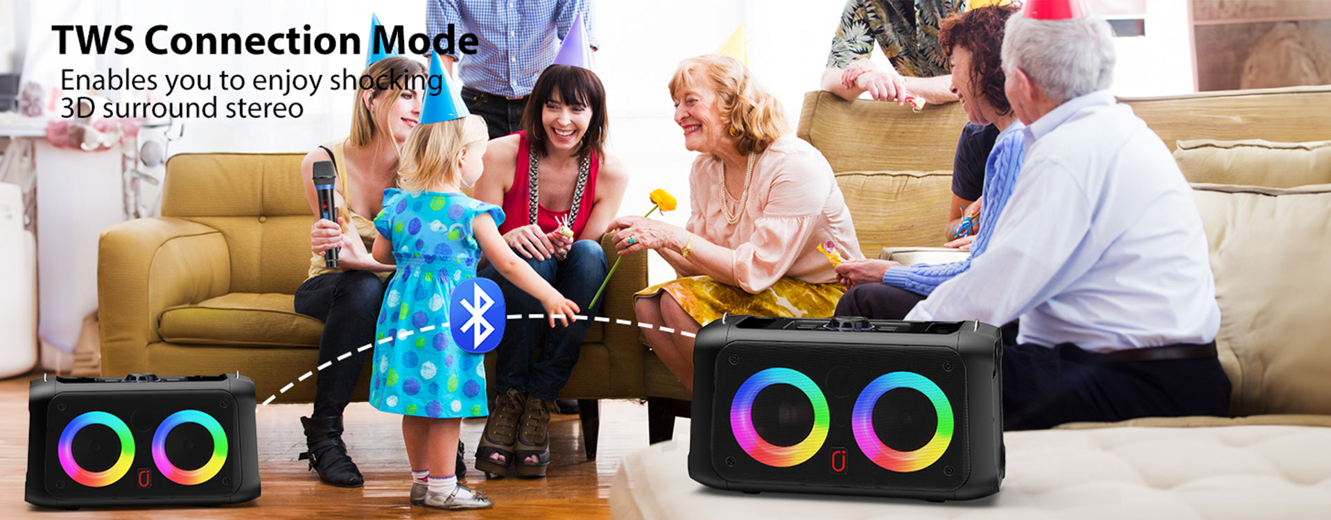 TWS Connection Mode for JYX T20T Portable Karaoke Machine with 2 wireless mics, providing immersive 3D surround stereo.