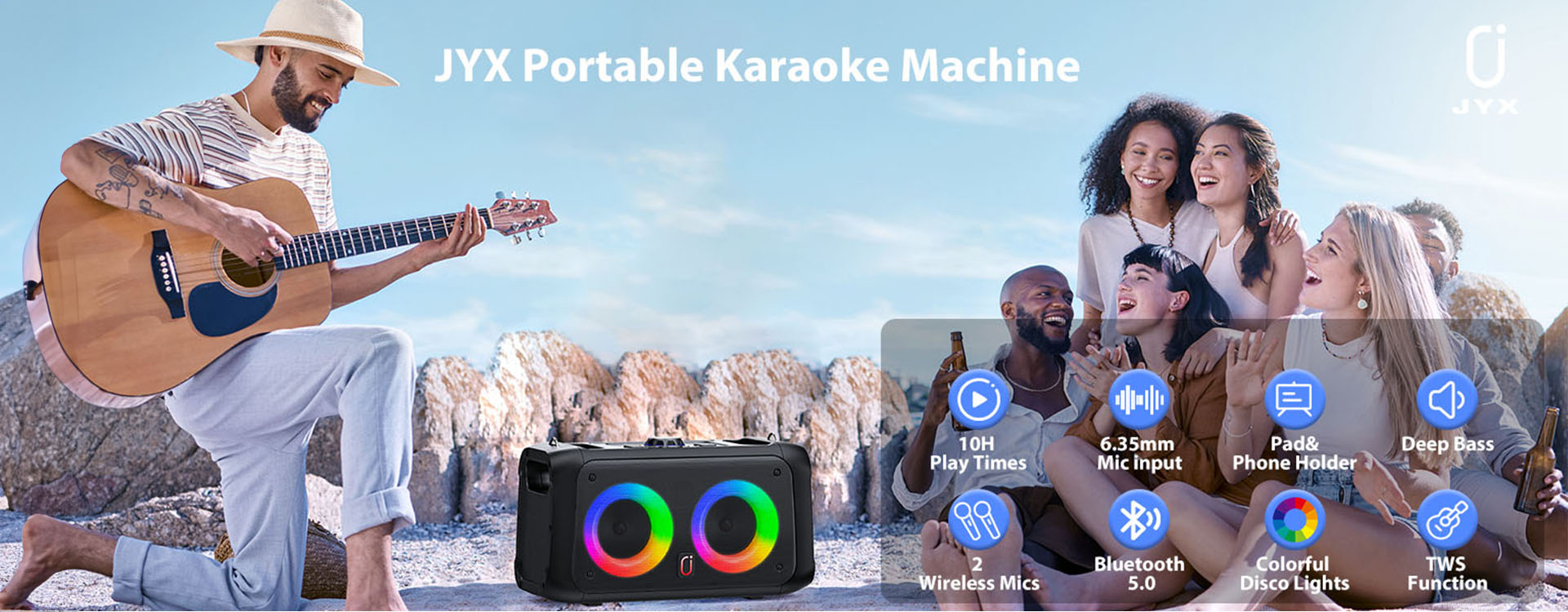 JYX T20T Portable Karaoke Machine with 2 wireless mics, 72-hour play time, Bluetooth 5.0, pad and phone holder, colorful disco lights, deep bass, and TWS function.