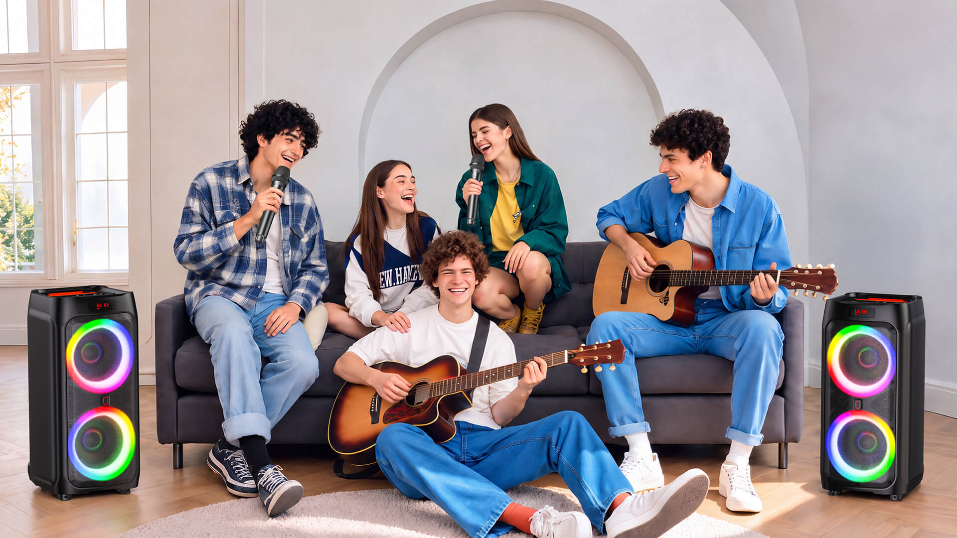 two black jyx t9 karaoke speakers with multicolor light rings beside friends singing and playing guitars in a living room.