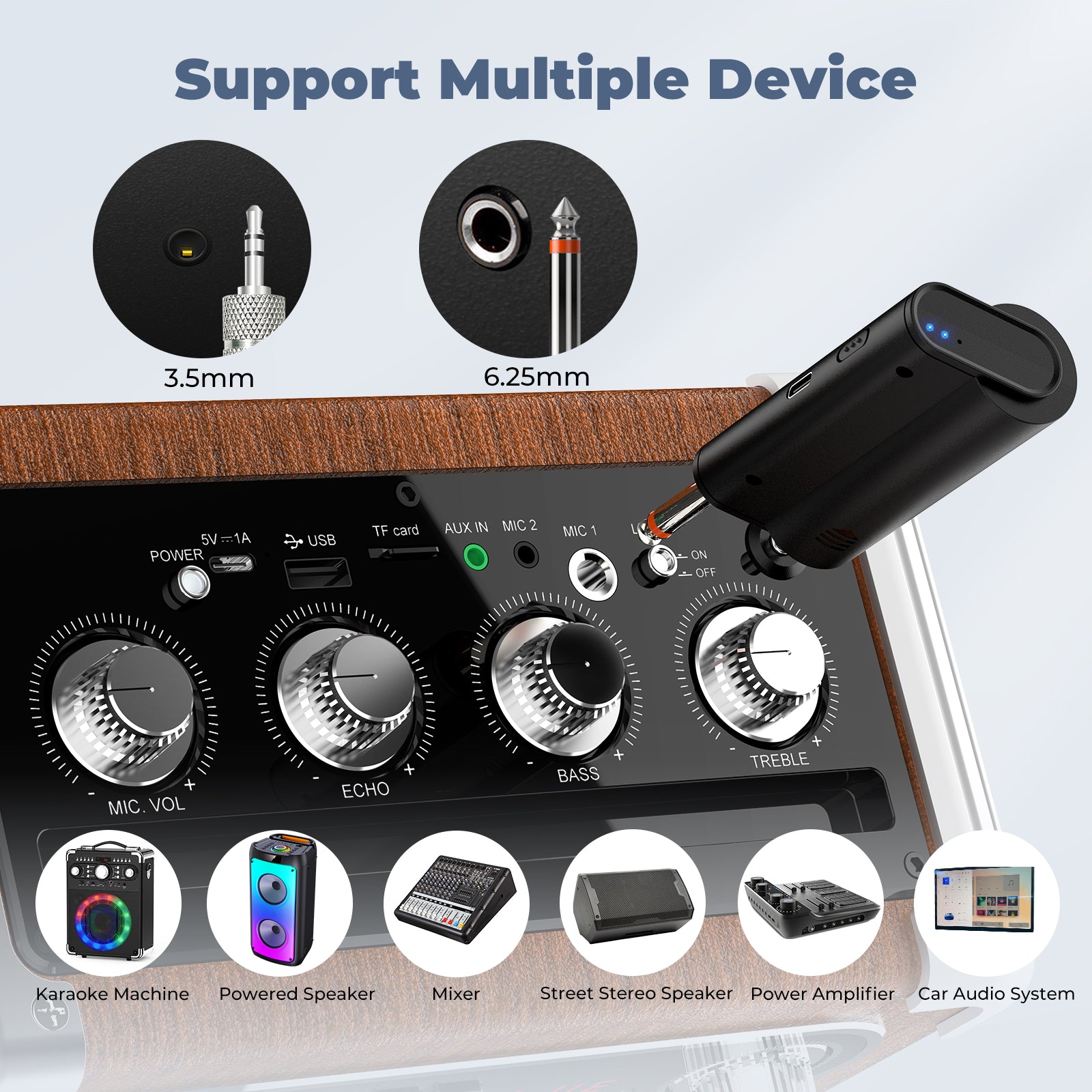 The JYX U50 dual wireless mic receiver supports multiple devices. It has a 3.5mm conversion for 6.25mm jacks, suitable for karaoke, powered speakers, mixers, street stereos, power amps, and car audio.