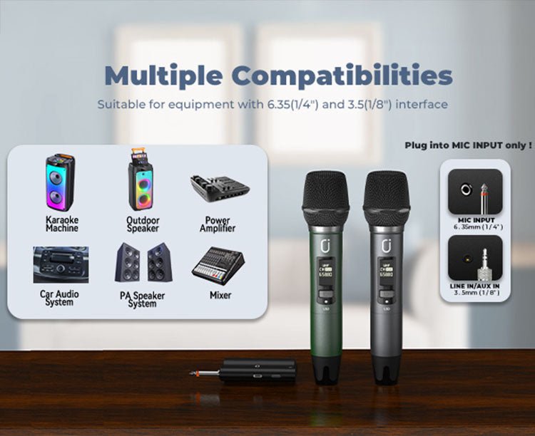 JYX U50 wireless mic set. Compatible with 6.35mm (1/4") and 3.5mm (1/8") interface gear such as PA, mixers. 6.35mm MIC INPUT, 3.5mm LINE IN/AUX IN. Plug into MIC INPUT only.