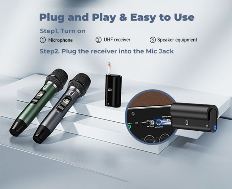 JYX U50 dual wireless mic receiver. Offers plug - and - play, user - friendly. Turn on mic, receiver, speaker first, then plug receiver into Mic Jack.