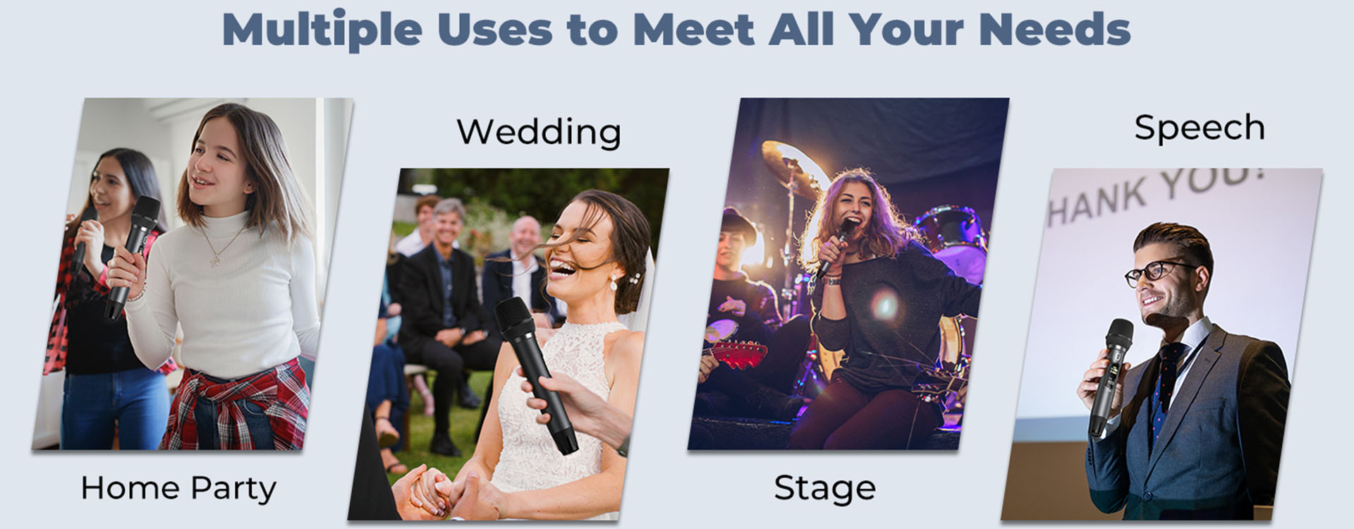 The JYX U50 dual wireless microphone with receiver offers multiple uses to meet all your needs. It's great for home parties, weddings, on stage, and for speeches.