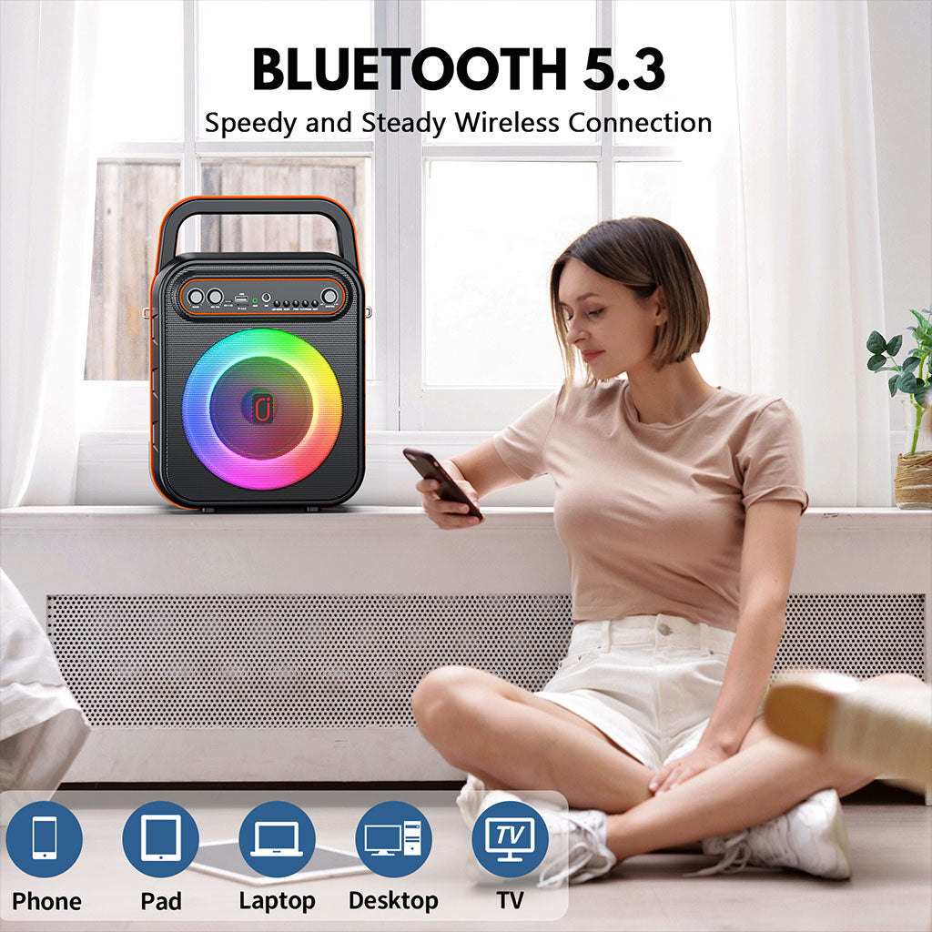 JYX S67 karaoke machine with 2 wireless microphones, featuring Bluetooth 5.3 for speedy and stable wireless connection with phone, tablet, laptop, desktop, and TV.