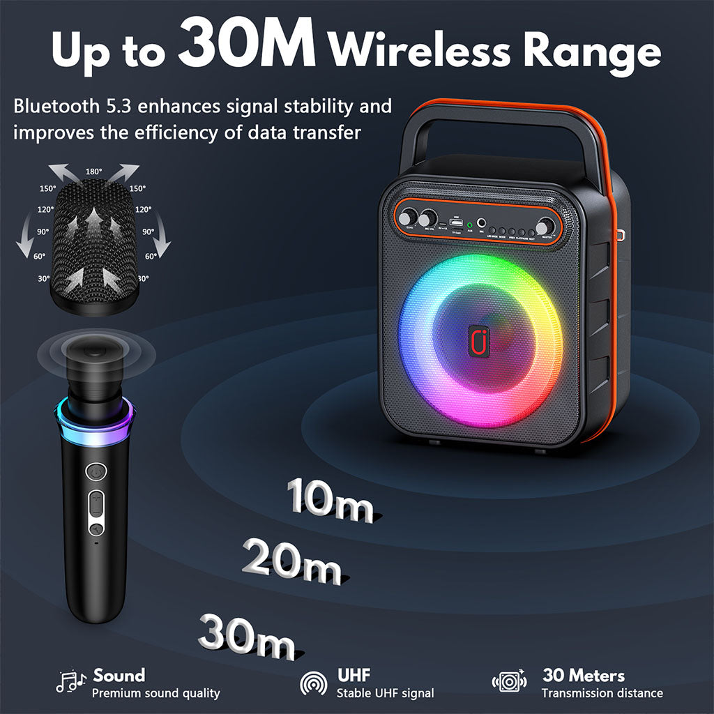 The JYX S67 karaoke machine comes with 2 wireless mics, has a 30 - meter range, Bluetooth 5.3 for stable signal and fast data transfer, and offers premium sound via a stable UHF signal.