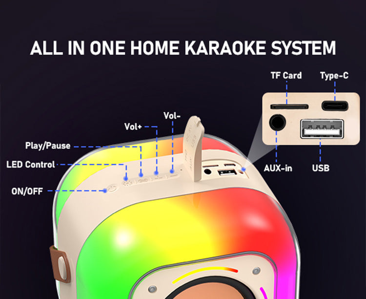 The JYX D37 is an all-in-one home karaoke for adults & kids. It has volume, play/pause, LED controls, and connections like TF card, Type-C, AUX-in, USB.