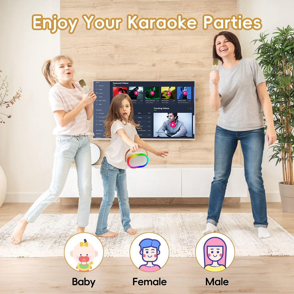 D35 kids' karaoke machine with 2 wireless mics for fun karaoke parties with baby, female, and male voice options.