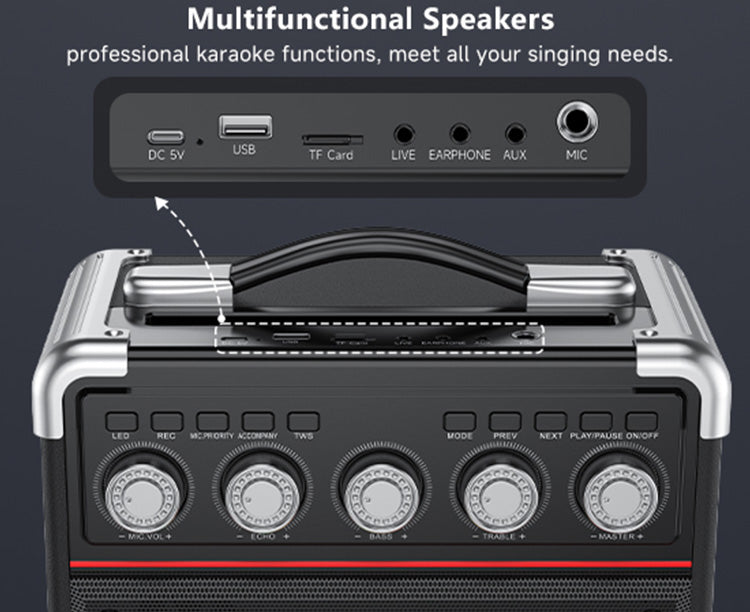 Details of plugs, function buttons, and volume knobs on the karaoke speaker panel.