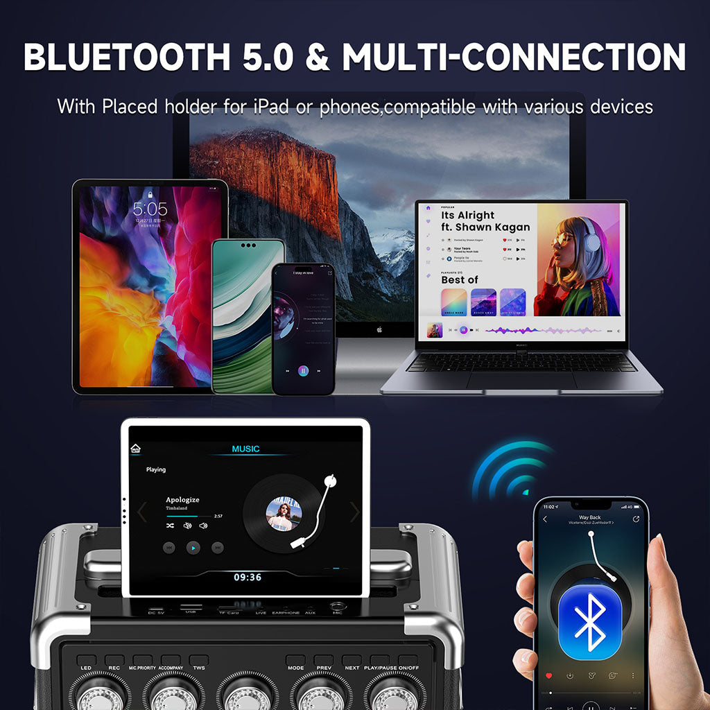 Karaoke Bluetooth speaker with multi-connection and holder for devices.