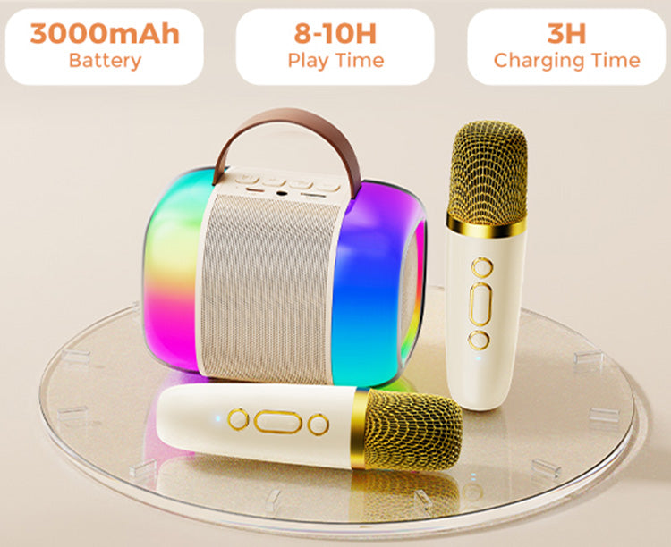 JYX D33 karaoke machine with 3000mAh battery, 8-10 hours playtime, and 3-hour charging time.